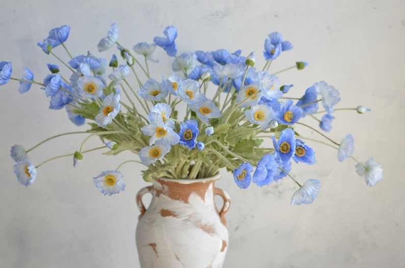 Blue Faux Poppy Flowers 23.5 Inch Silk Artificial Spring Summer Floral Stems for DIY Wedding Centerpieces Home Kitchen Decor