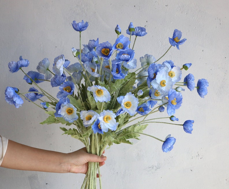 Blue Faux Poppy Flowers 23.5 Inch Silk Artificial Spring Summer Floral Stems for DIY Wedding Centerpieces Home Kitchen Decor