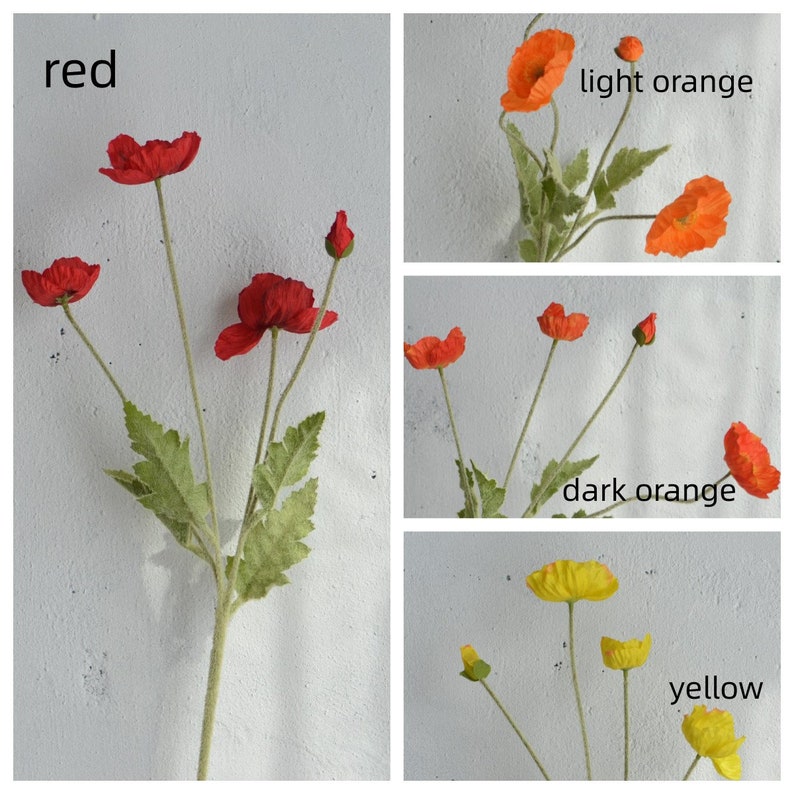 Artificial Poppy Flower Branch, 4 Heads, 23.5", Multi Colors