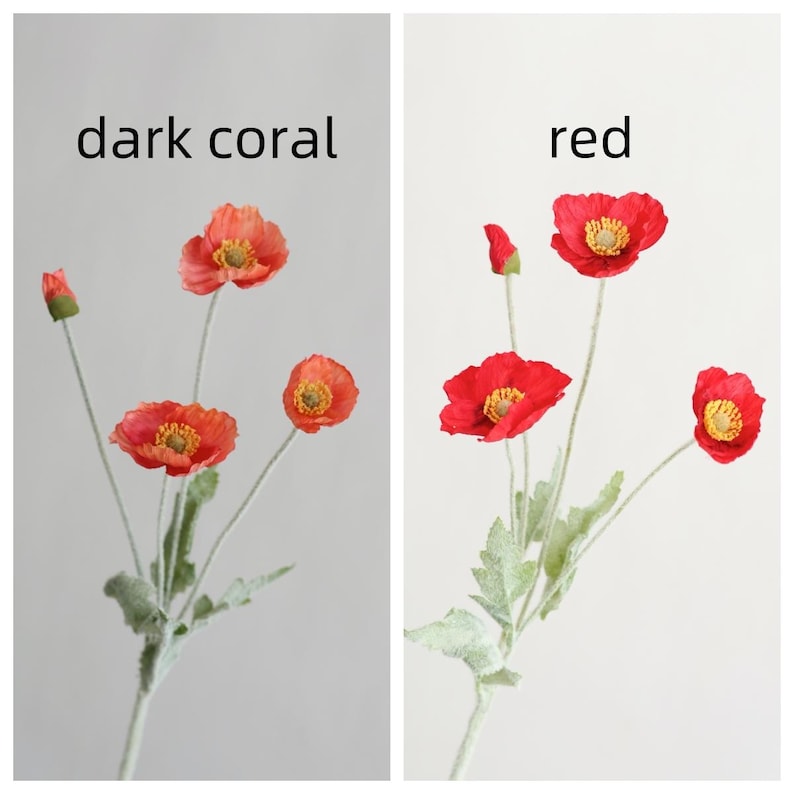 23.5" Silk Poppy Flower Spray, Red Orange Coral Pink White Artificial Wildflowers, 3 Heads with Bud, Flocked Green Stem