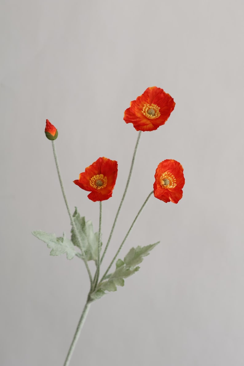 23.5" Silk Poppy Flower Spray, Red Orange Coral Pink White Artificial Wildflowers, 3 Heads with Bud, Flocked Green Stem