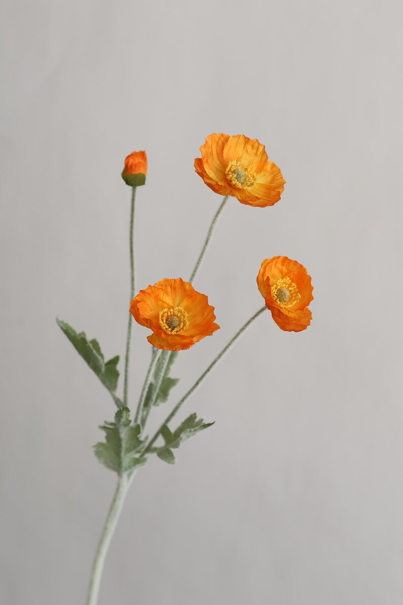 23.5" Silk Poppy Flower Spray, Red Orange Coral Pink White Artificial Wildflowers, 3 Heads with Bud, Flocked Green Stem