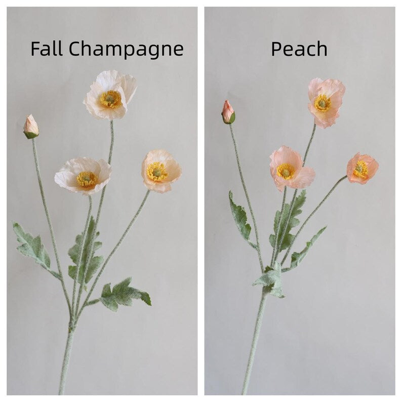 23.5" Silk Poppy Flower Spray, Red Orange Coral Pink White Artificial Wildflowers, 3 Heads with Bud, Flocked Green Stem