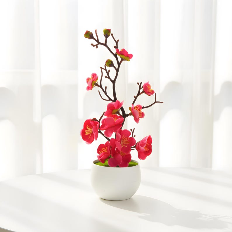 Artificial Plum Blossom Bonsai Tree, Small Faux Potted Plant, Desk Office Decor, 30cm