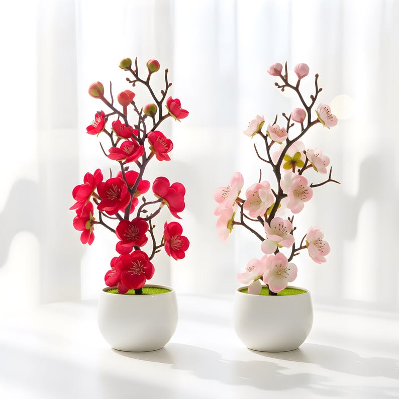 Artificial Plum Blossom Bonsai Tree, Small Faux Potted Plant, Desk Office Decor, 30cm
