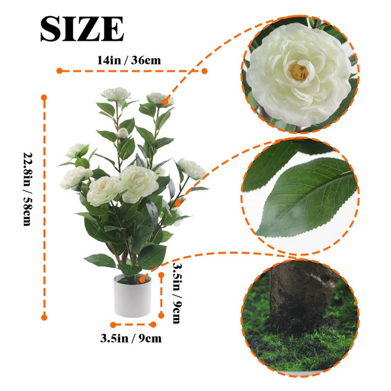 22-inch Artificial Camellia Tree, White Potted Silk Flowers, Realistic Faux Plant Home Decor