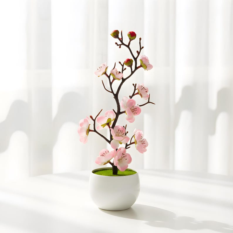 Artificial Plum Blossom Bonsai Tree, Small Faux Potted Plant, Desk Office Decor, 30cm