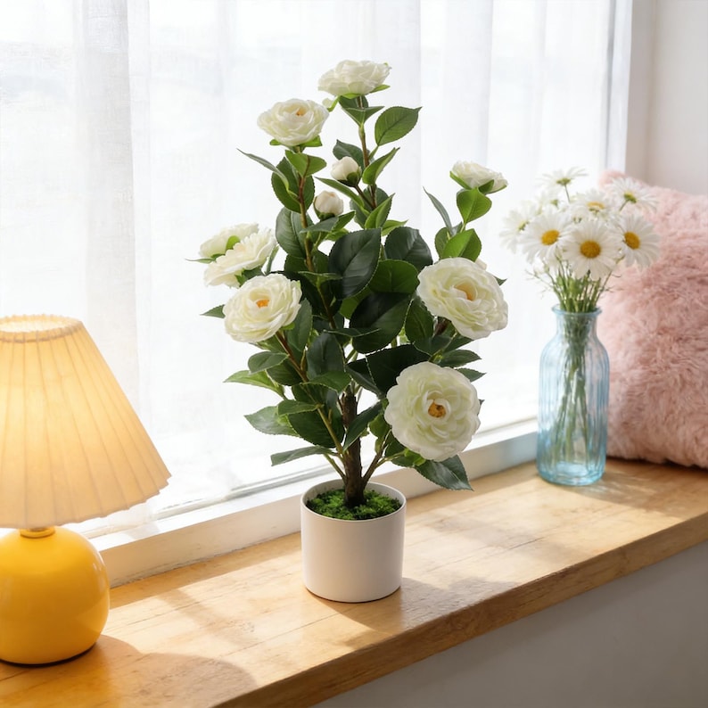 22-inch Artificial Camellia Tree, White Potted Silk Flowers, Realistic Faux Plant Home Decor