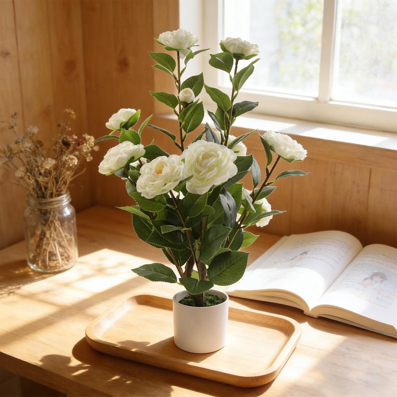22-inch Artificial Camellia Tree, White Potted Silk Flowers, Realistic Faux Plant Home Decor