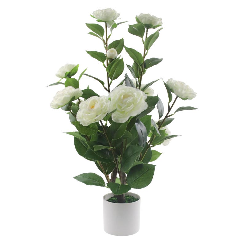 22-inch Artificial Camellia Tree, White Potted Silk Flowers, Realistic Faux Plant Home Decor