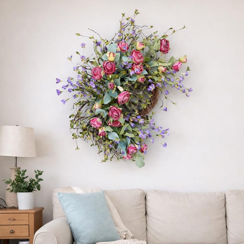 24 Inch Pink Rose Spring Wreath Silk Flower Grapevine Wreath Farmhouse Front Door Decor