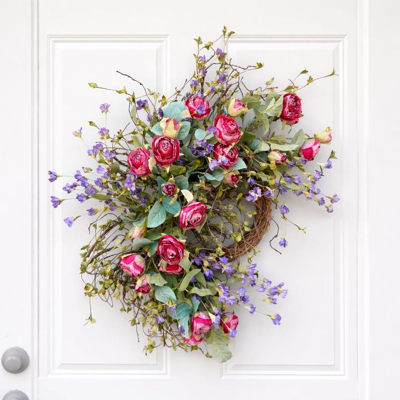 24 Inch Pink Rose Spring Wreath Silk Flower Grapevine Wreath Farmhouse Front Door Decor