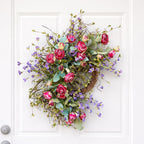 24 Inch Pink Rose Spring Wreath Silk Flower Grapevine Wreath Farmhouse Front Door Decor