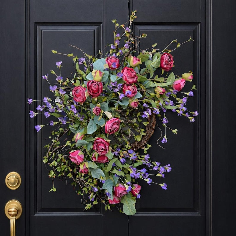 24 Inch Pink Rose Spring Wreath Silk Flower Grapevine Wreath Farmhouse Front Door Decor